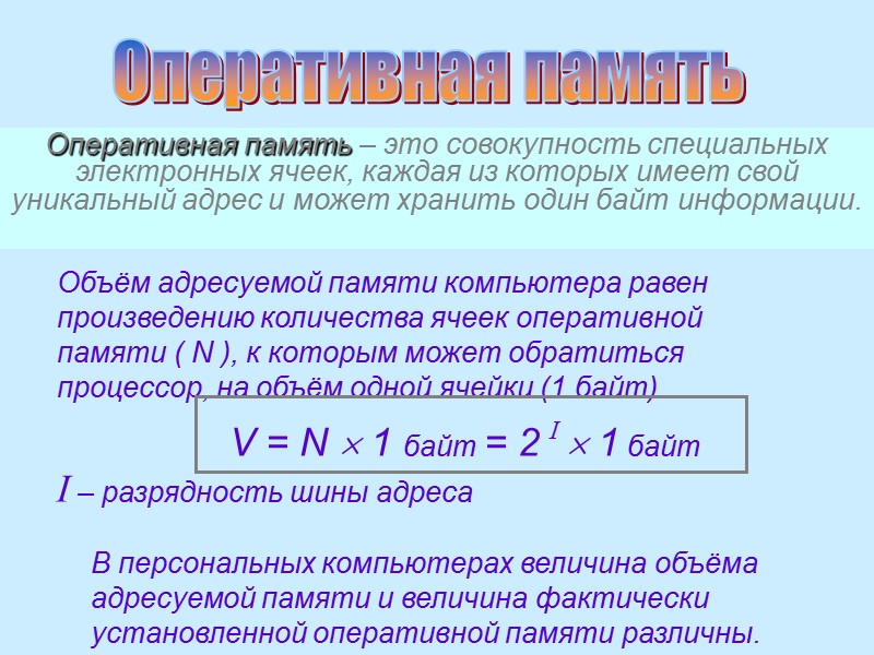 Оперативная память  Оперативная память – это совокупность специальных электронных ячеек, каждая из которых